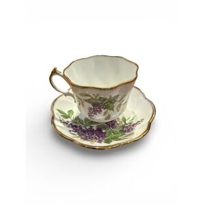 Vintage Salisbury BoneChina England Lilac Floral Teacup Saucer Gold Trim Scallop